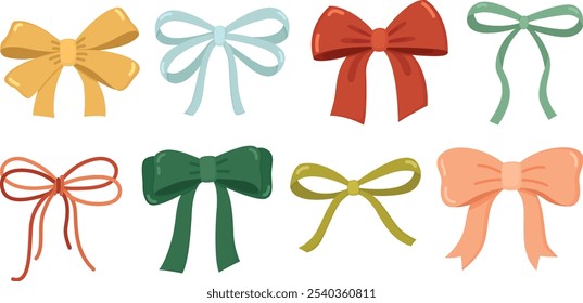 Set of colorful ribbon bows. Vector cute decorative elements  for holidays or gifts	