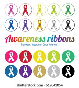 Set of colorful ribbon icons. Cancer awareness concept.