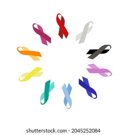 Set colorful ribbons, breast cancer symbol, vector illustration on a white background.