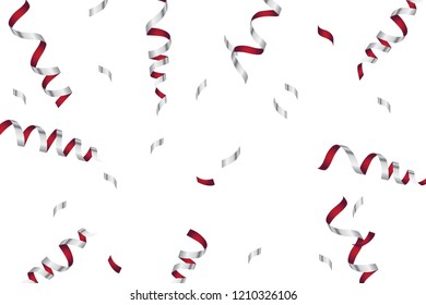 Set of colorful ribbons isolated on white background. Holidays decoration with bright Silver- red serpentine. Party background. Vector illustration. Space for text.