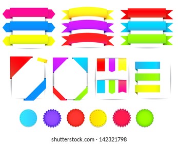 Set of colorful ribbons, tags and badges. Vector