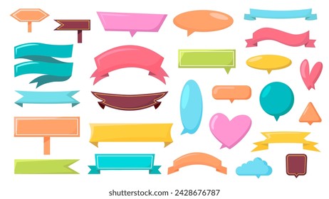 Conjunto de cintas de colores y burbujas de texto de diferentes formas con etiqueta, etiqueta y otras insignias. Carteles de dibujos animados de cinta y burbujas de discurso.