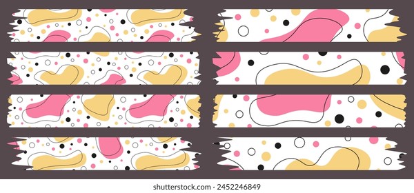 Set of colorful ribbons. Washi tapes collection with abstract pattern in vector. Pieces of decorative tape for scrapbooks. Set of vintage labels. Torn paper