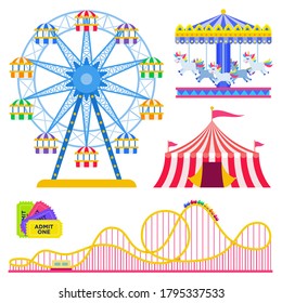 Set of colorful rides and circus tent in an amusement park vector illustration in flat design