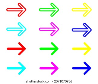 Conjunto de iconos coloridos vectores de flecha derecha. Icono de flecha símbolo de signo vectorial aislado para el proyecto. Diseño de icono de flecha derecha vectorial en fondo blanco