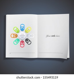  Set of colorful ring of can printed on white book. Vector design