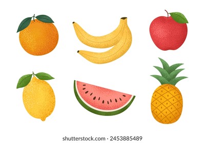 Set of colorful ripe tropical fruits. Citrus orange and lemon, pineapple, watermelon, banana. Vector flat cartoon illustration.