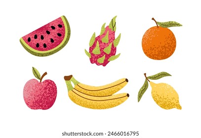 Set of colorful ripe tropical fruits with textures. Citrus orange and lemon, apple, dragon fruit, watermelon, banana. Vector flat illustration.