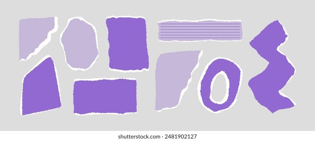 Set aus bunten zerrissenen und zerrissenen Papieren. Realistisches Papier mit geriffelten Kanten. Ideal für Collagen, Social Media und Web-Inhalte. Vektorillustration.