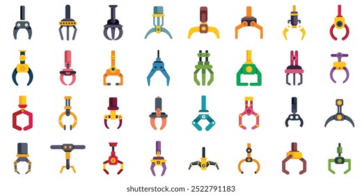 Set of colorful robotic arms with different grabbing mechanisms for industrial use, isolated on white background