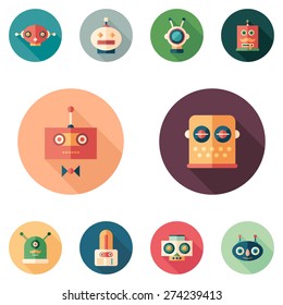 Set of colorful robots flat round icons with long shadows.