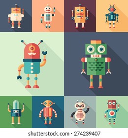 Set of colorful robots flat square icons with long shadows.