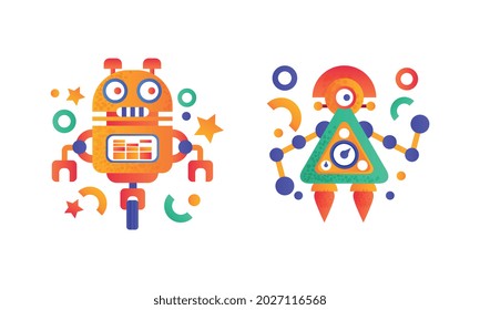 Set of Colorful Robots Icons, Funny Chatbots, Androids Flat Vector Illustration