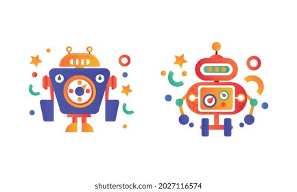 Set of Colorful Robots Icons, Funny Service Chatbots Flat Vector Illustration