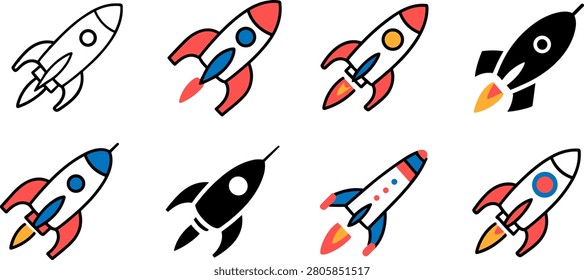 Set of colorful rocket launch icons with exploration astronomy blastoff technology collection silhouette innovative astrophysics