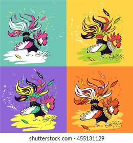 Set of colorful rooster decorated with patterns. Logotype for products from chicken meat and eggs. Hand drawn vector illustration color rooster.
