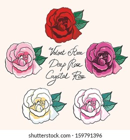Set of colorful roses with text