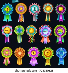 Set of colorful rosettes on dark background. Rewards for computer games. Isolated vector illustration.