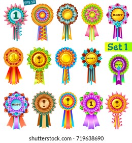 Set of colorful rosettes on white background. Rewards for computer games. Isolated vector illustration.