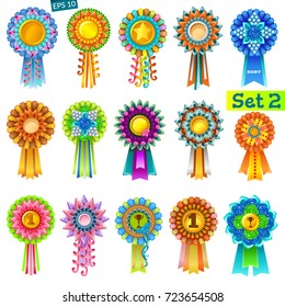 Set of colorful rosettes on white background. Rewards for computer games. Isolated vector illustration.
