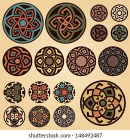 A set of of colorful round geometric designs isolated on beige background. Vector floral symbols and signs illustration. All objects are separated, the can be scaled or recolored without quality loss.