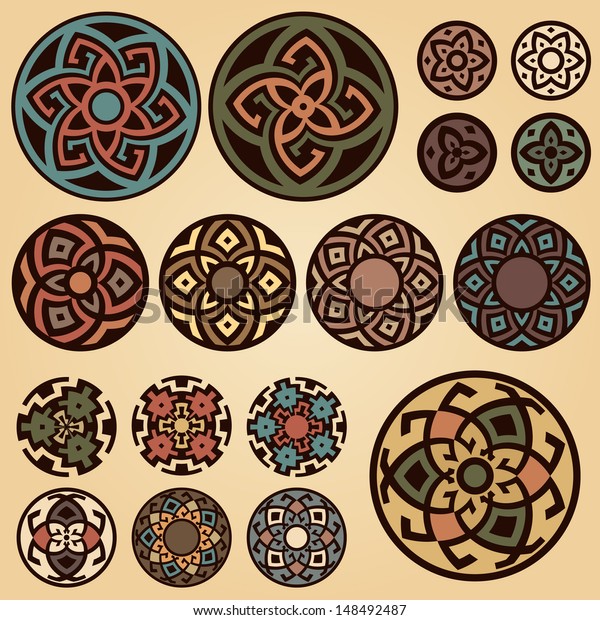 Set Colorful Round Geometric Designs Isolated Stok Vektör (Telifsiz