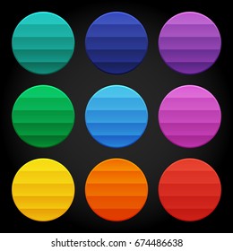 Set of colorful round glossy buttons with different abstract patterns, vector asset for web or game design, app icons vector template isolated on black background.