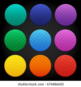 Set of colorful round glossy buttons with different abstract patterns, vector asset for web or game design, app icons vector template isolated on black background.