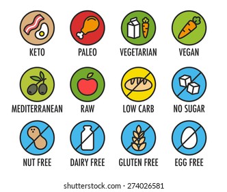 Set of colorful round icons of various diets and ingredient labels. Including ketogenic, paleolitic, vegetarian, vegan and more.