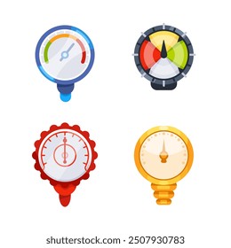 Set of colorful round manometers measuring pressure with arrow showing different values, industrial device for measurement of pressure in pipes or tanks