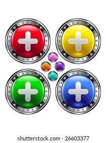 Set of colorful, round plus or addition symbol buttons for web or desktop applications