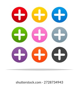 Set of colorful round plus buttons vector isolated illustration