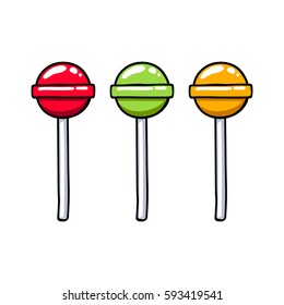 Set of colorful round colorful sweet lollipop candies. Sweet hard candies on stick. Hand drawn doodle sketch.