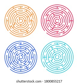 Set of colorful round thin outlined mazes or labyrinth.