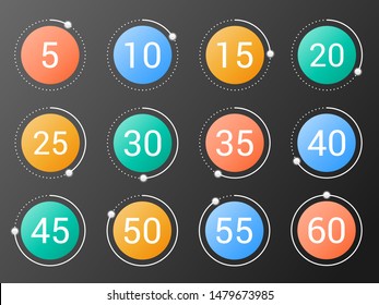Set of colorful round timers with different time intervals. Isolated vector illustration