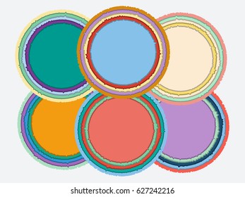 Set of colorful round torn paper frames with shadows. Vector templates for design