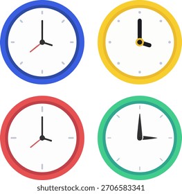 set of colorful round wall clocks showing different times flat vector