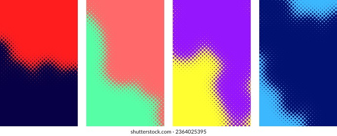 Set of colorful rounded gradient halftone dots backgrounds with space for text. Pop art template, texture. Vector illustration.