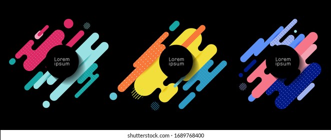 Set of colorful rounded lines shapes diagonal rhythm dynamic composition with black space circle lable background. Vector illustration