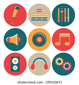 Set of colorful rounded musical web icons on white background.