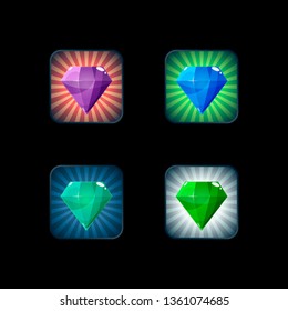 Set of colorful rounded square glossy backgrounds for the app icon with gem, diamond, crystal. Vector asset in cartoon style for web or game design, app icons template isolated on white background.