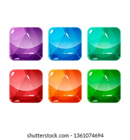 Conjunto de colores brillantes cuadrados redondeados para el icono de la aplicación con gema, diamante, cristal. Activo vectorial en estilo de dibujo animado para diseño web o juego, plantilla de iconos de aplicación aislada en fondo blanco.