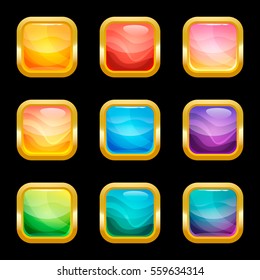 Set of colorful rounded square glossy buttons in golden frames, vector asset for web or game design, app icons vector template isolated on black background.