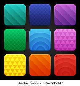 Set of colorful rounded square glossy buttons with different abstract patterns, vector assets for web or game design, app icons vector template isolated on black background.