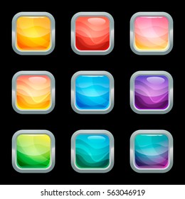 Set of colorful rounded square glossy buttons in silver frames, vector asset for web or game design, app icons vector template isolated on black background.