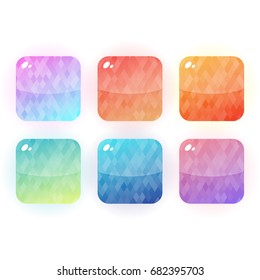 Set of colorful rounded square glossy buttons with shattered gradients, vector asset for web or game design, app icons vector template isolated on white background.