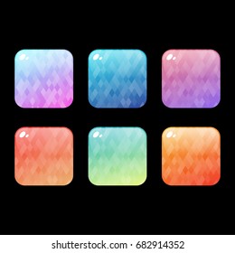 Set of colorful rounded square glossy buttons with shattered gradients, vector asset for web or game design, app icons vector template isolated on black background.