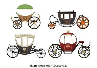 Set of colorful royal carriages in cartoon style. Vector illustration of chariots to transport kings, princesses or just order for weddings on white background.