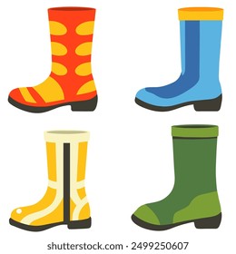 Set of colorful rubber boots. Waterproof protective footwear. Cartoon style vector illustration.