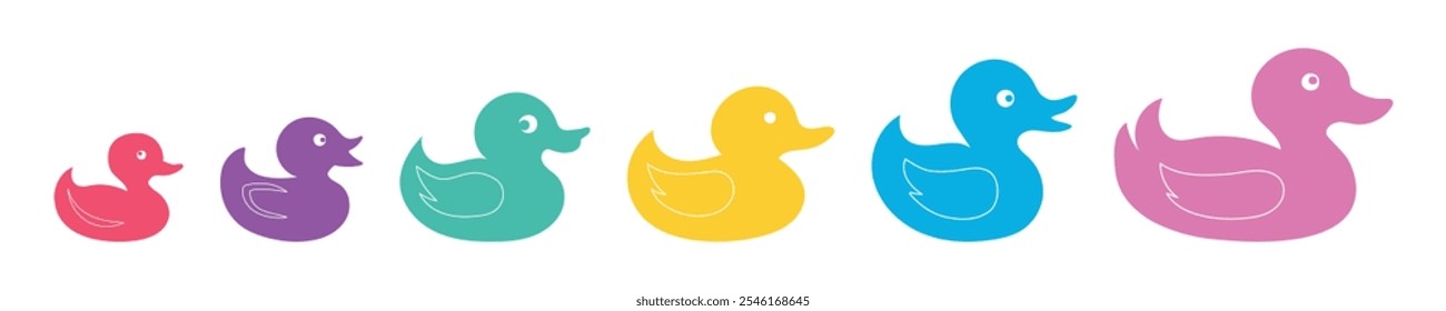 Conjunto de patos de borracha coloridos e patinhos em uma fileira isolados em um fundo branco. Conceito de bonitos animais de brinquedo, coleção divertida, cores brilhantes, tempo de banho divertido, família de pato. Elemento de design